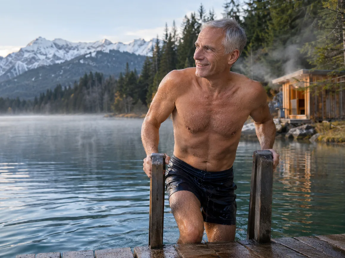 Mann um die 60 steigt nach einem kalten Bad aus einem Bergsee, am Ufer eine dampfende Holzsauna